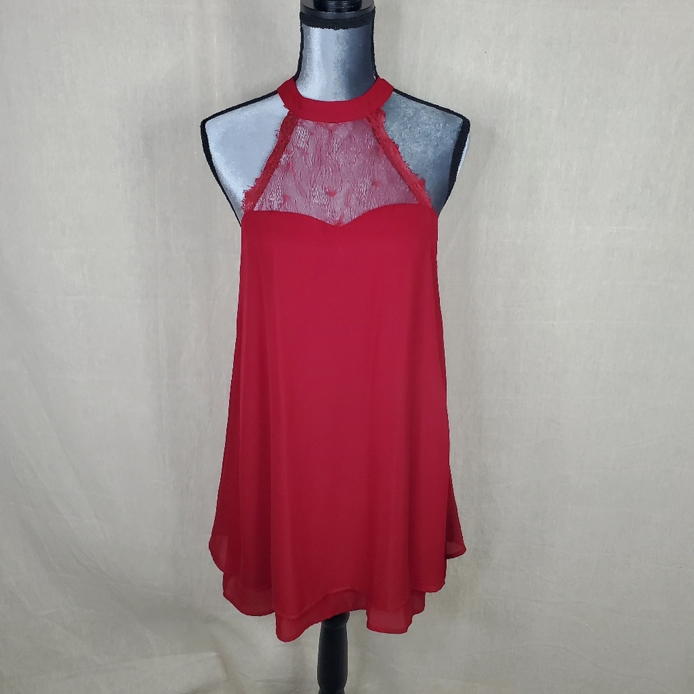 ♡ Lulus Cranberry Red Halter Neck Mini Trapeze Dress Size Small
